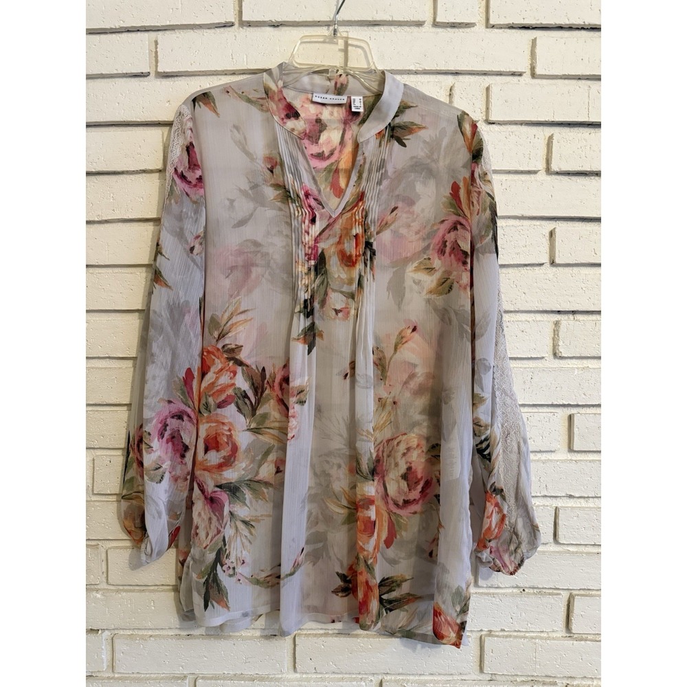Susan Graver Printed Sheer Chiffon Tunic w/ Lace‎ Trim Cream  Size Medium